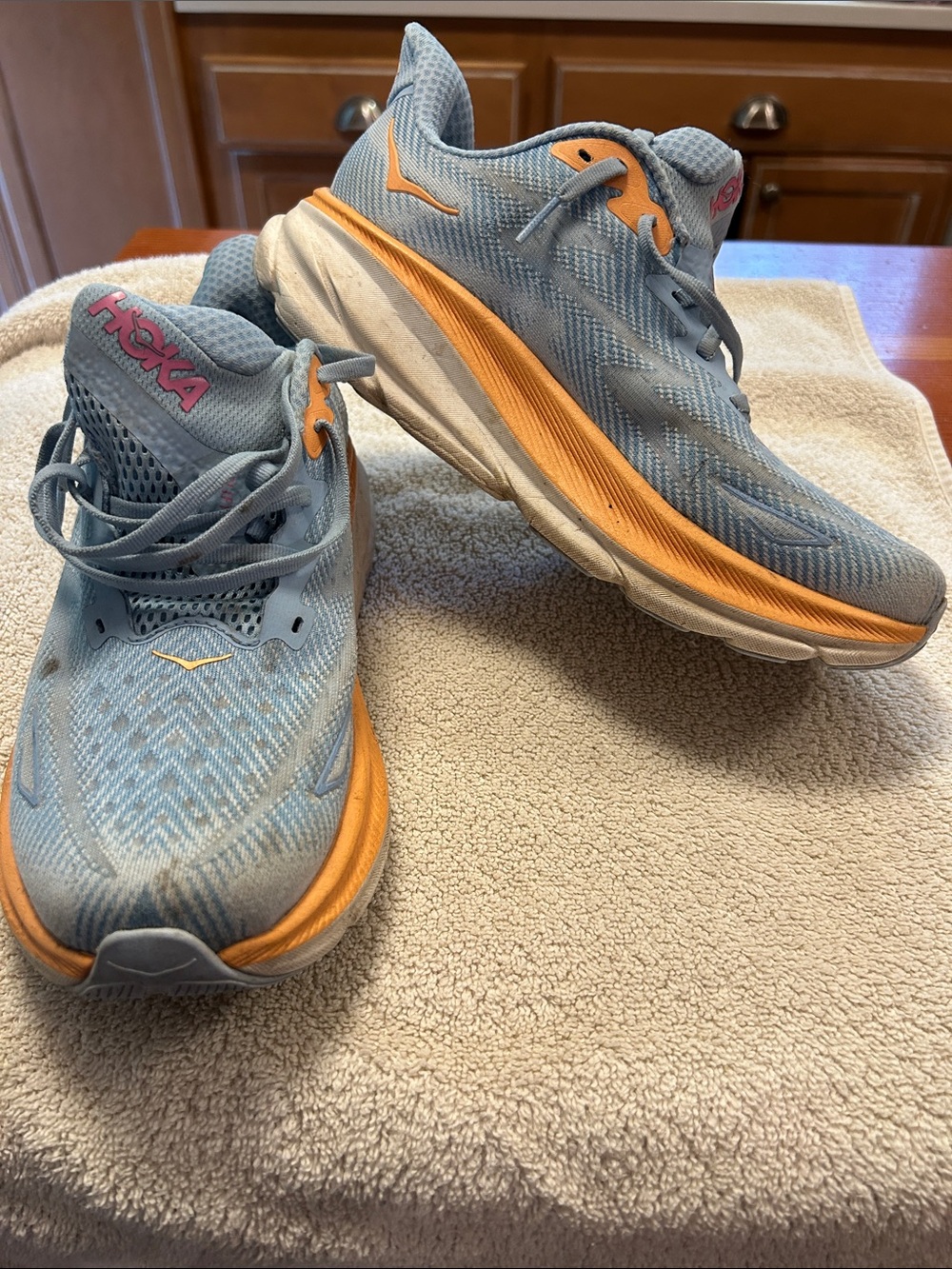 Hoka Clifton 9 Women's Blue and Orange Mesh Running Shoes